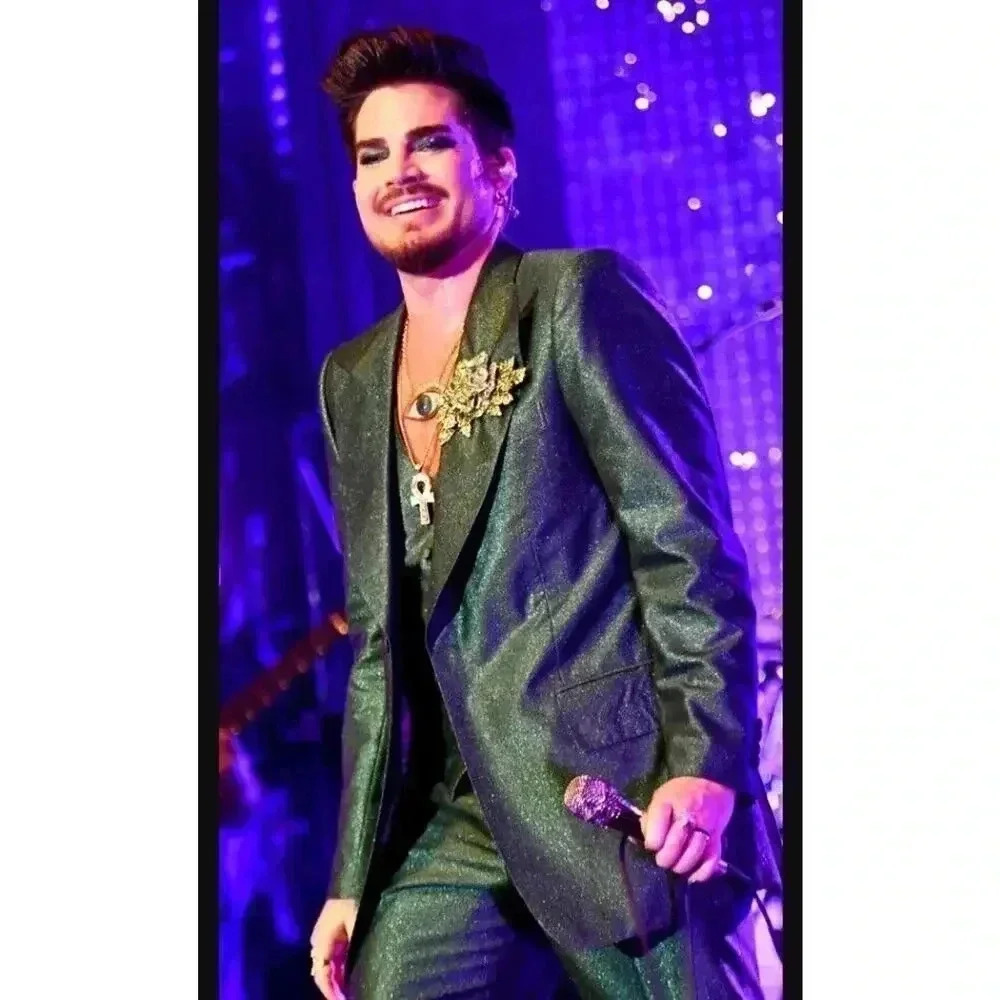 Edward Sexton Savile Row Custom Made for Adam Lambert Green Glitter 3Pc Suit 42L